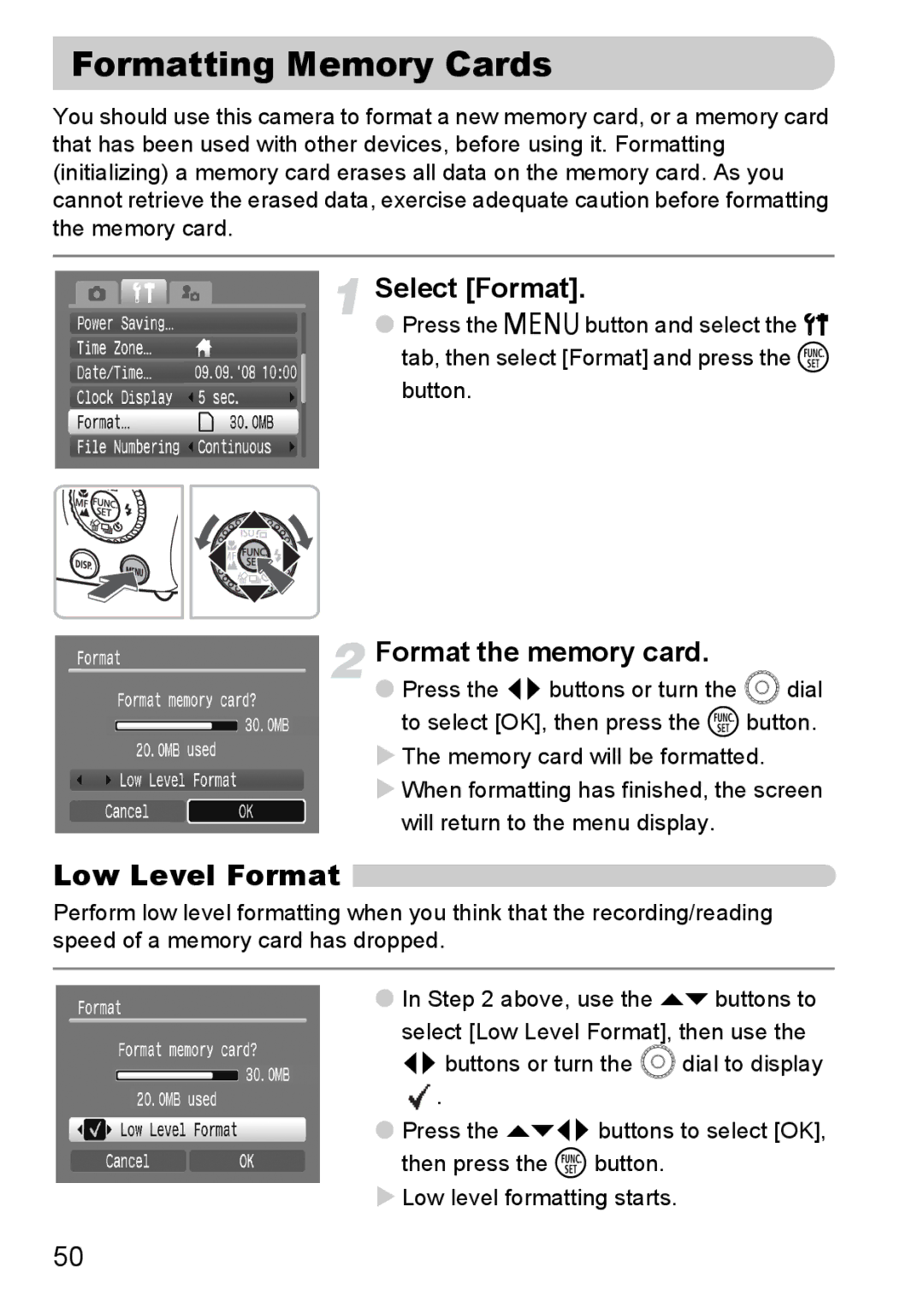 Canon IXUS980IS manual Formatting Memory Cards, Low Level Format, Select Format, Format the memory card 