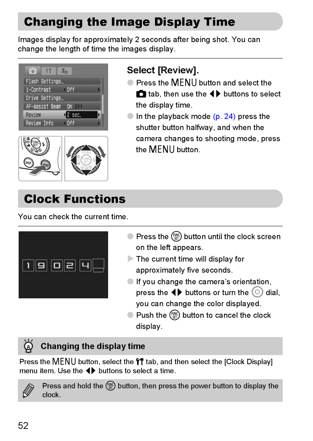 Canon IXUS980IS manual Changing the Image Display Time, Clock Functions, Select Review, Changing the display time 