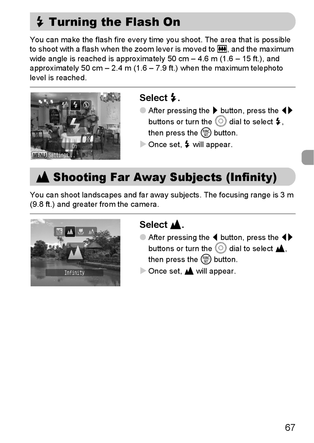 Canon IXUS980IS manual Turning the Flash On, Shooting Far Away Subjects Infinity, Select h, Select u 