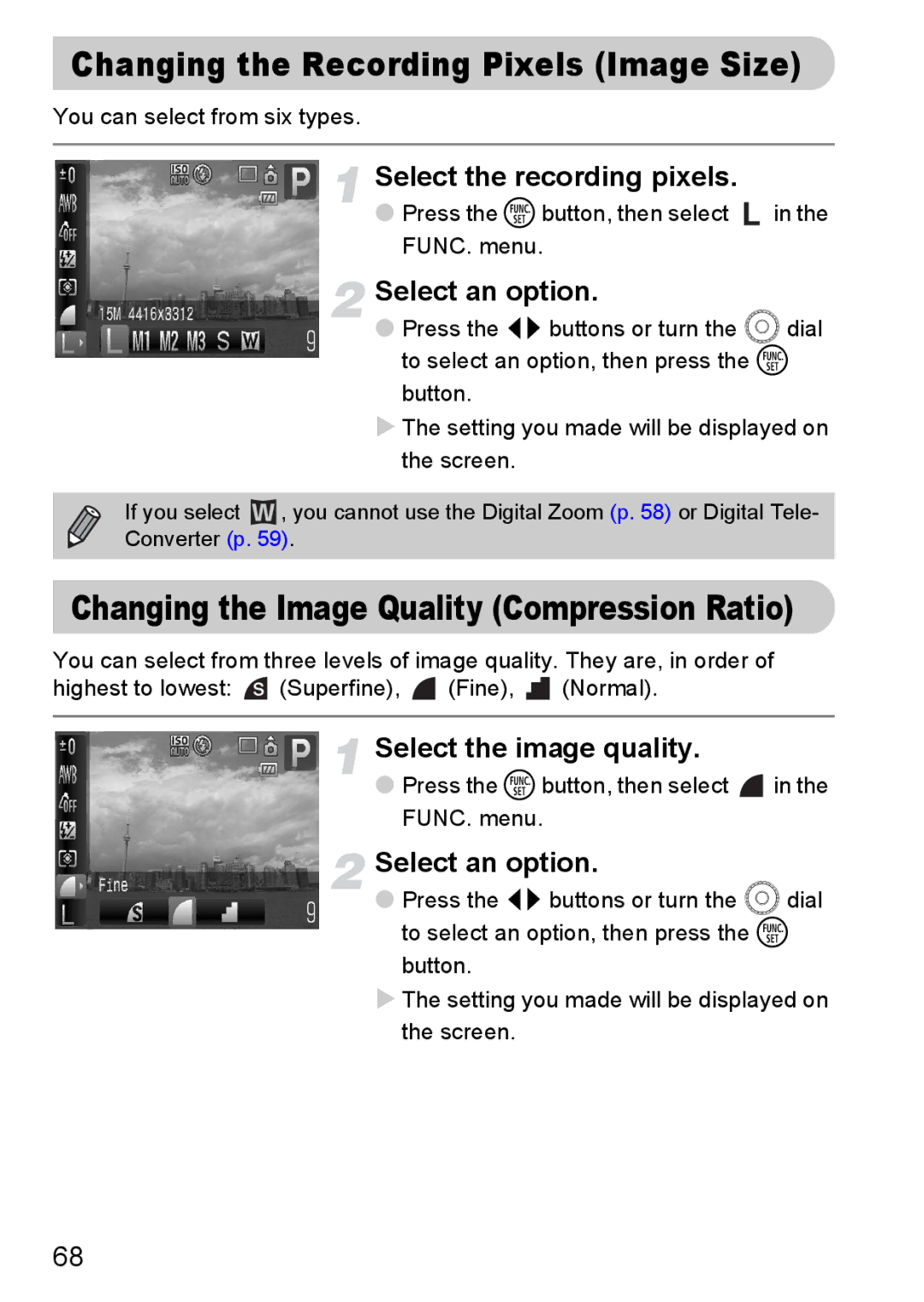 Canon IXUS980IS manual Changing the Recording Pixels Image Size, Changing the Image Quality Compression Ratio 