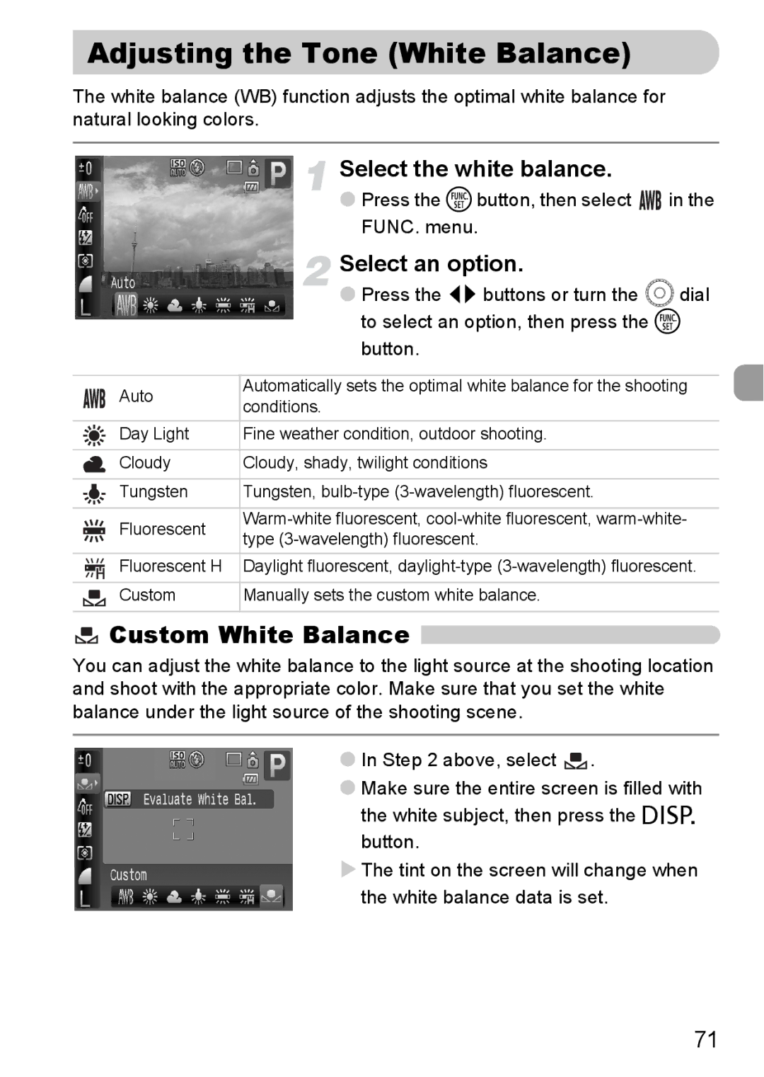 Canon IXUS980IS manual Adjusting the Tone White Balance, Custom White Balance, Select the white balance 