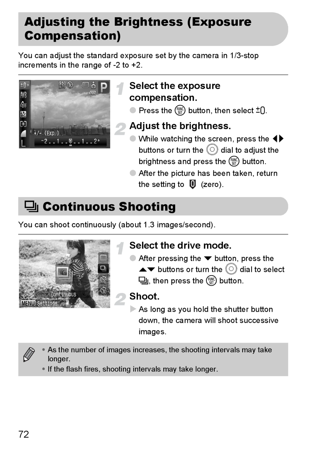 Canon IXUS980IS Adjusting the Brightness Exposure Compensation, Continuous Shooting, Select the exposure compensation 