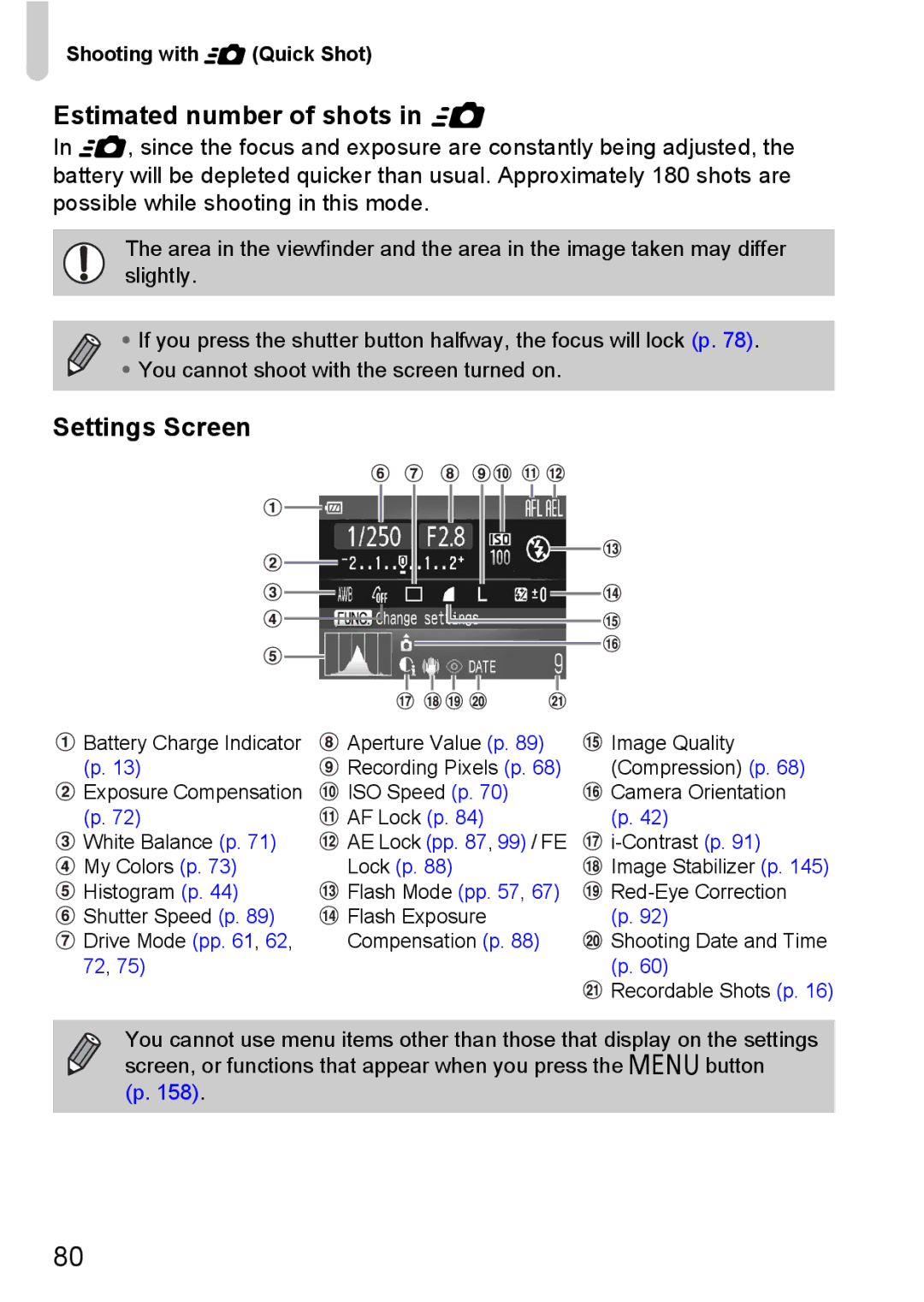 Canon IXUS980IS manual Estimated number of shots, Settings Screen, Shooting with 8 Quick Shot 