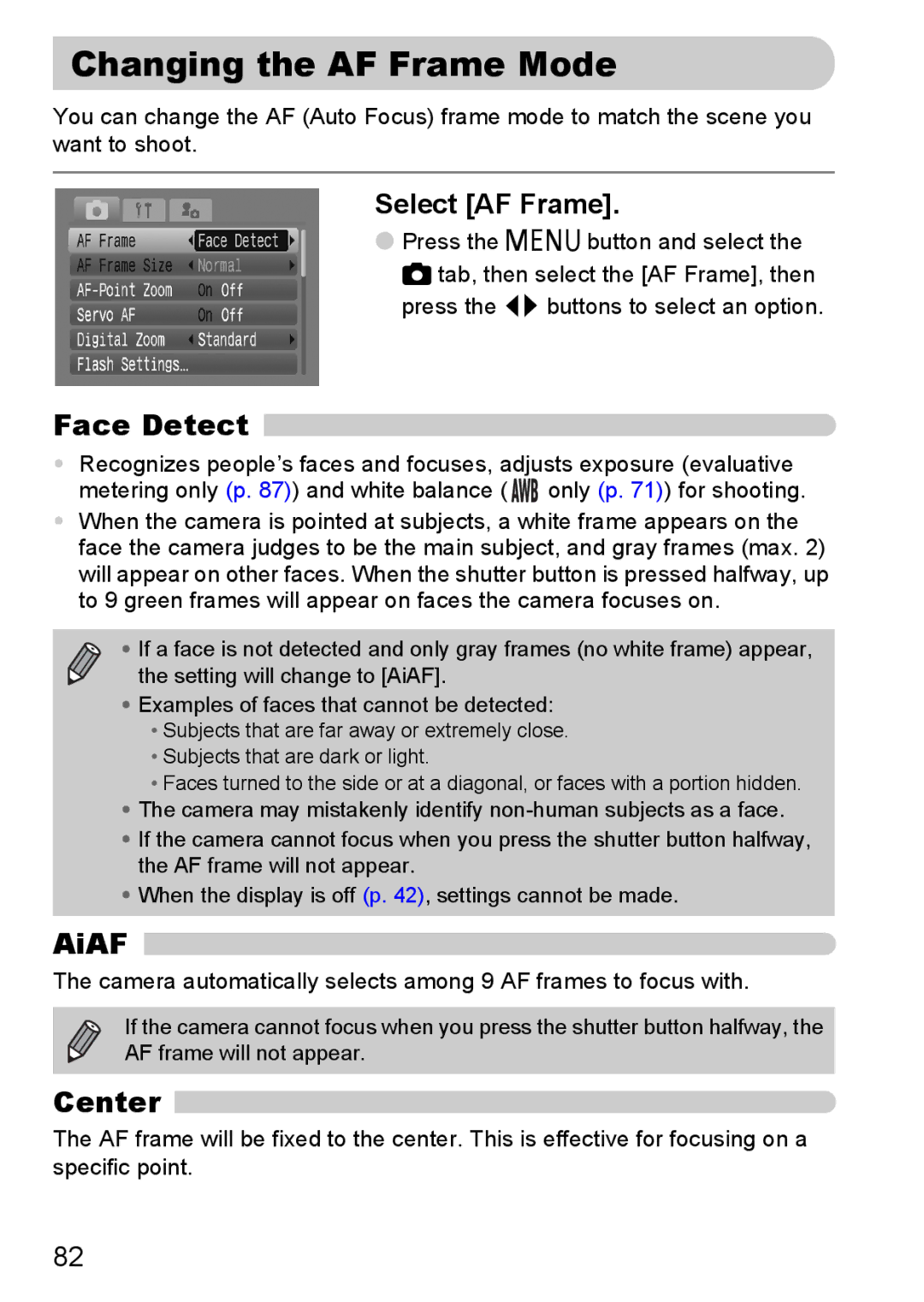 Canon IXUS980IS manual Changing the AF Frame Mode, Face Detect, AiAF, Center, Select AF Frame 