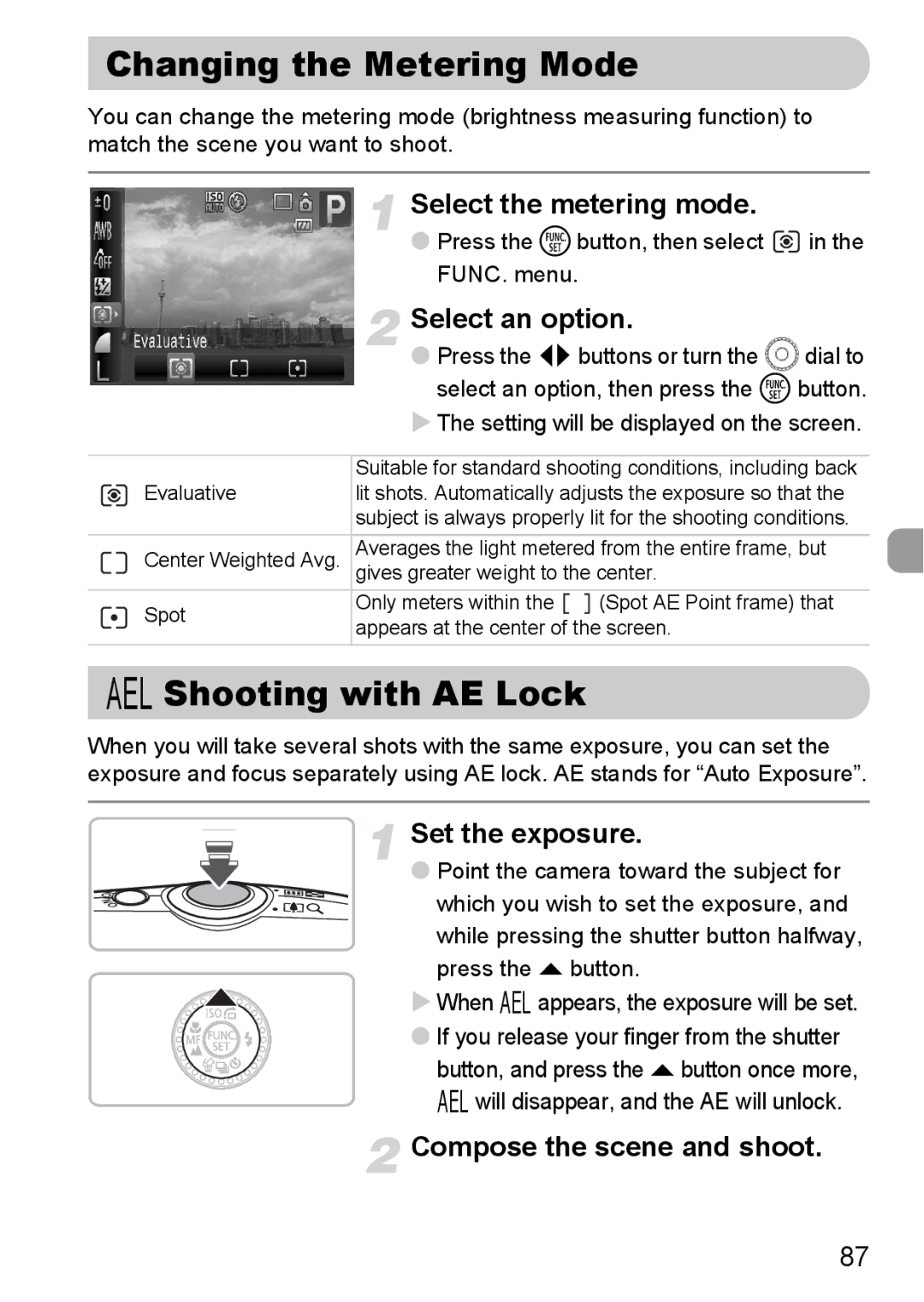 Canon IXUS980IS manual Changing the Metering Mode, Shooting with AE Lock, Select the metering mode, Set the exposure 