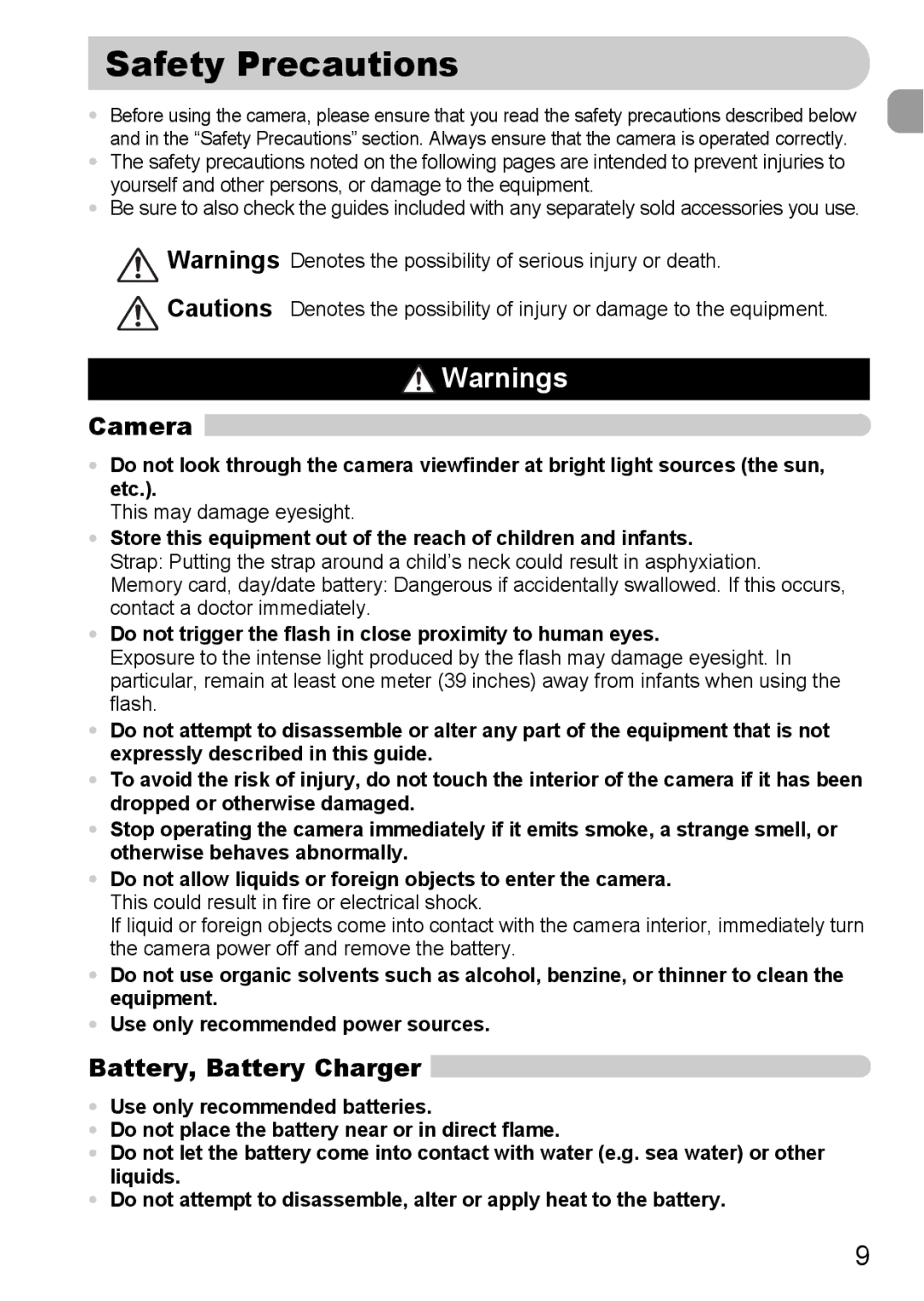 Canon IXUS980IS manual Safety Precautions, Camera, Battery, Battery Charger 