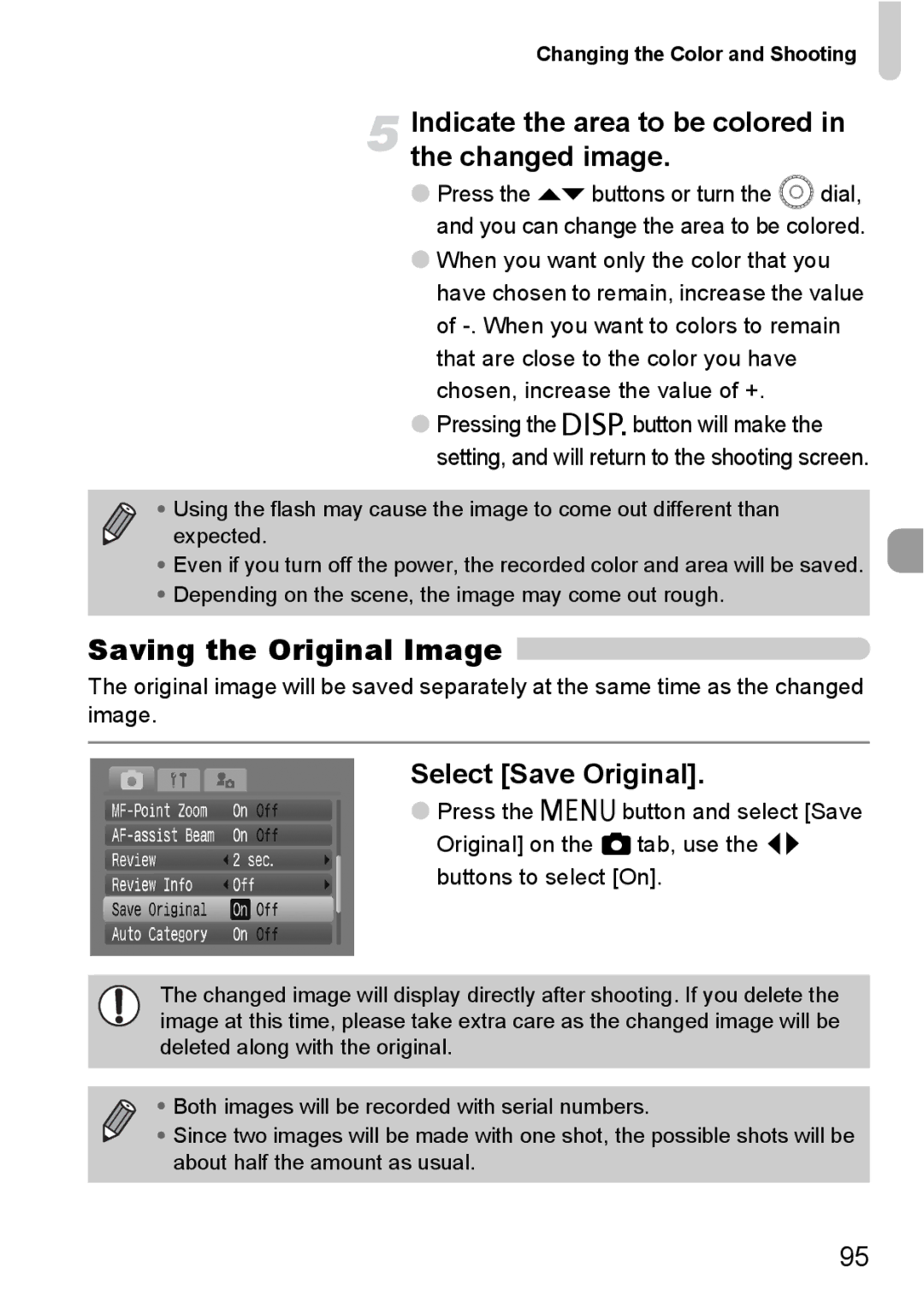 Canon IXUS980IS Saving the Original Image, Indicate the area to be colored in the changed image, Select Save Original 