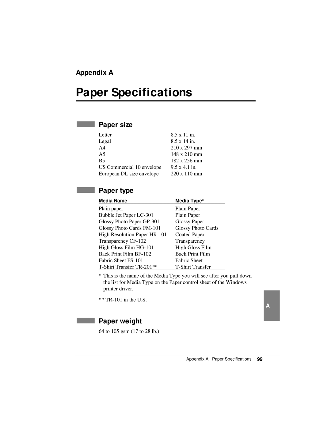 Canon K10158 manual Paper Specifications, Appendix a, Paper size, Paper type, Paper weight 