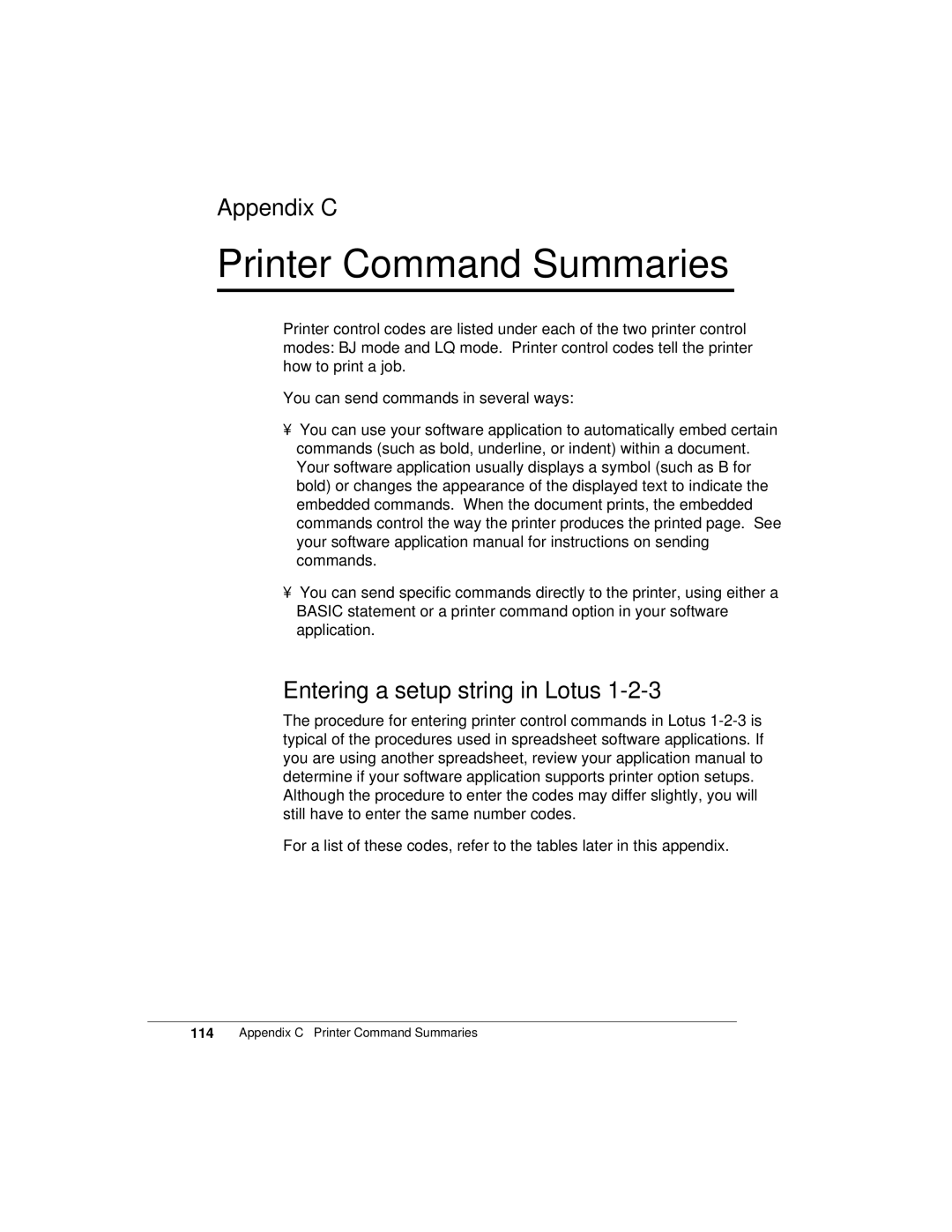 Canon K10158 manual Printer Command Summaries, Appendix C, Entering a setup string in Lotus 