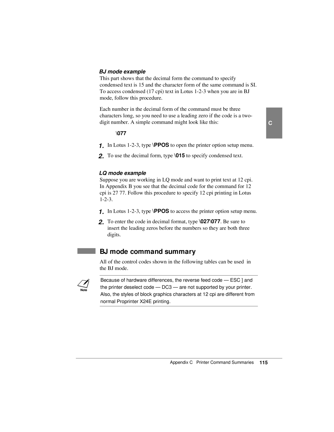 Canon K10158 manual BJ mode command summary, BJ mode example, LQ mode example 