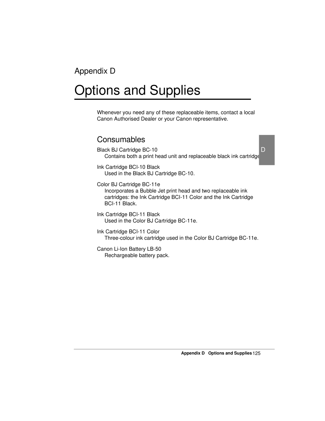 Canon K10158 manual Options and Supplies, Appendix D, Consumables 