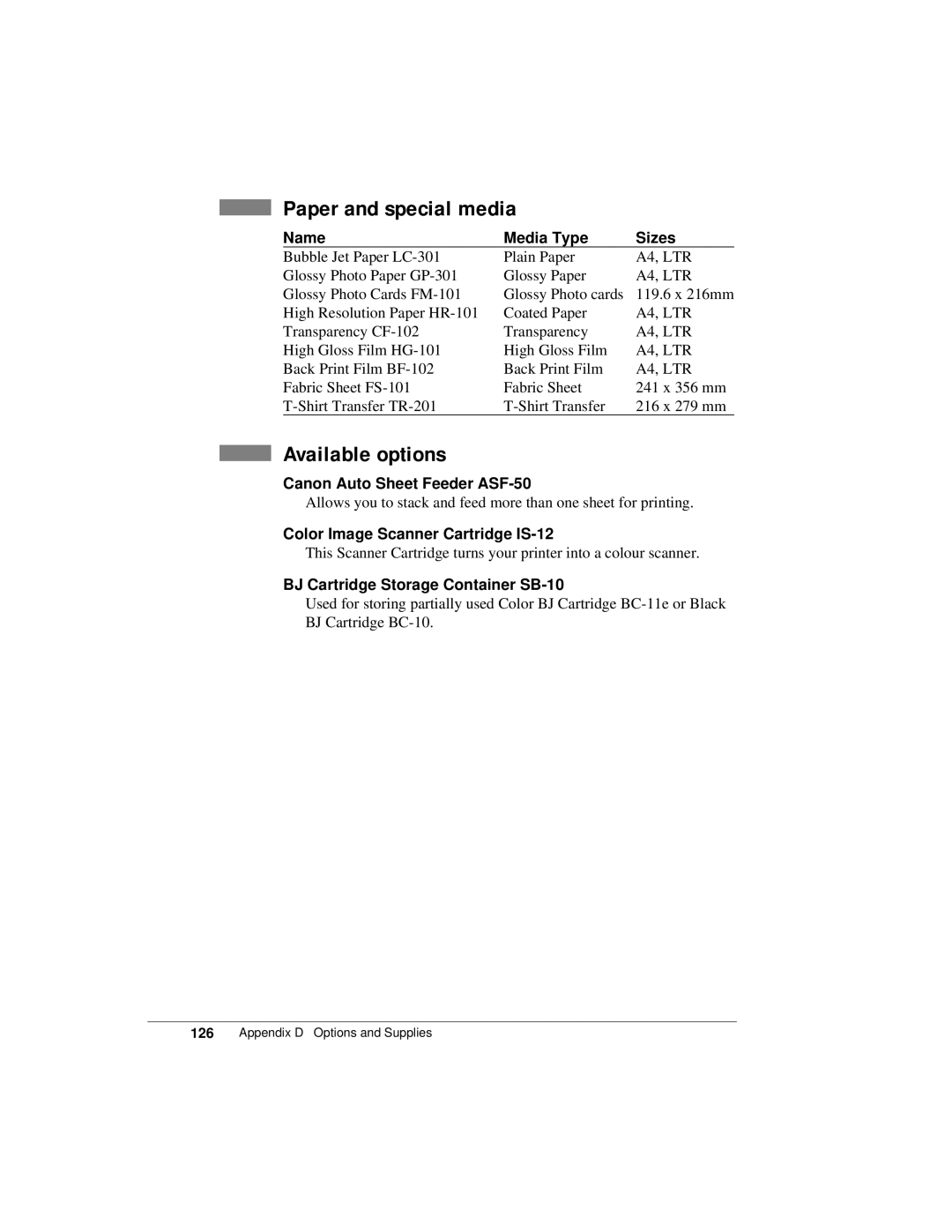 Canon K10158 manual Paper and special media, Available options 