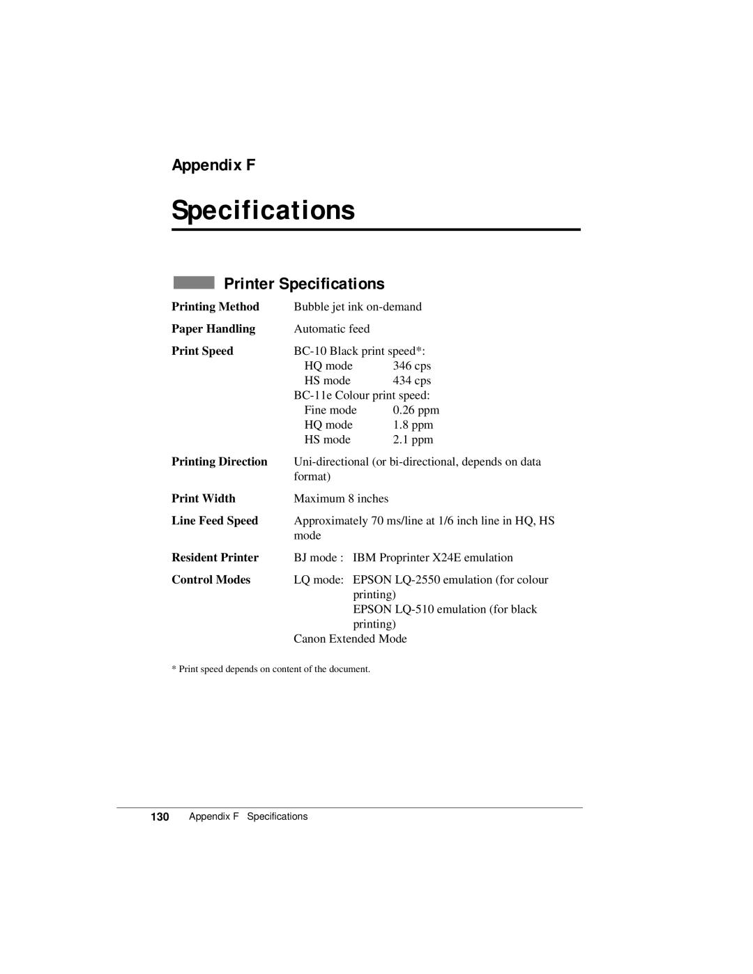 Canon K10158 manual Appendix F, Printer Specifications 