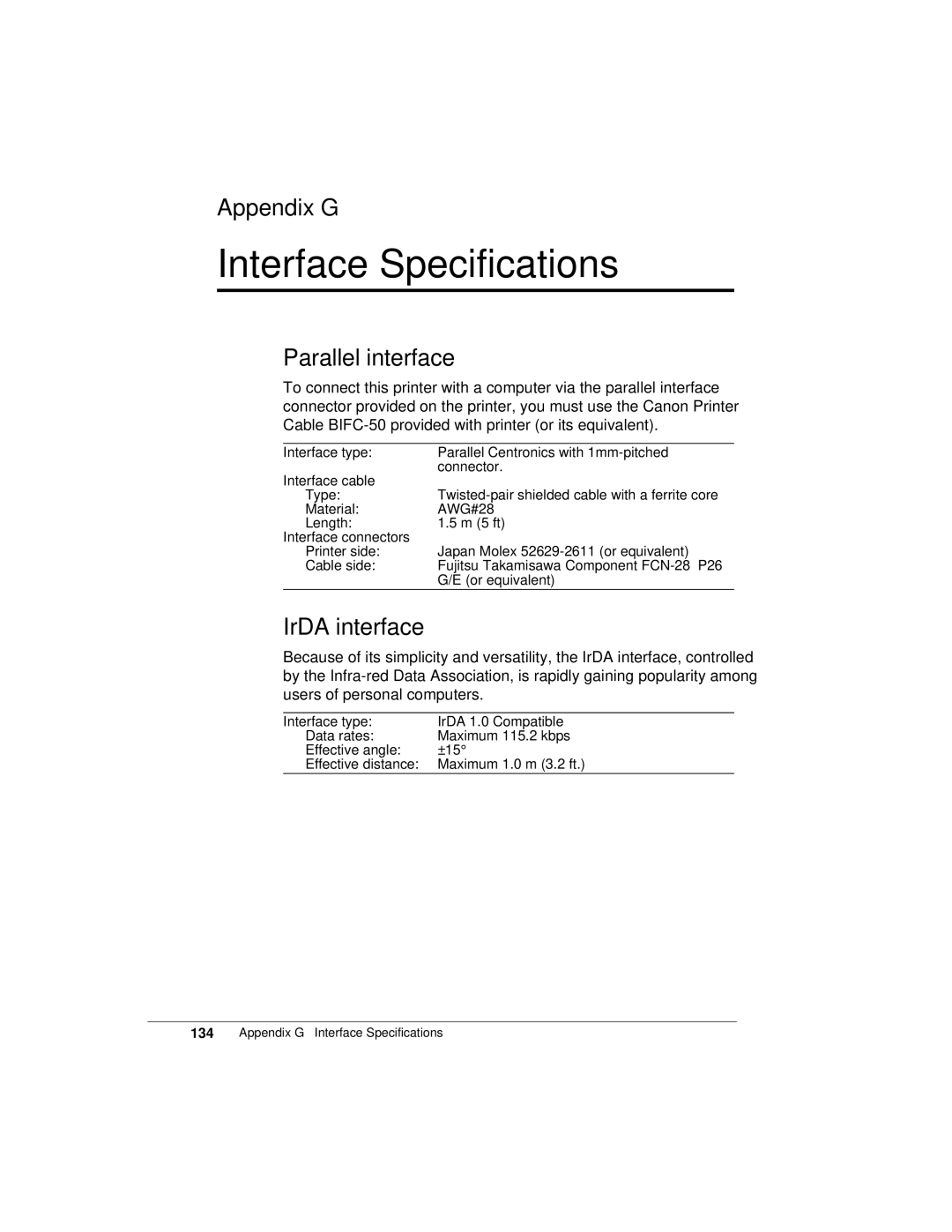 Canon K10158 manual Interface Specifications, Appendix G, Parallel interface, IrDA interface 