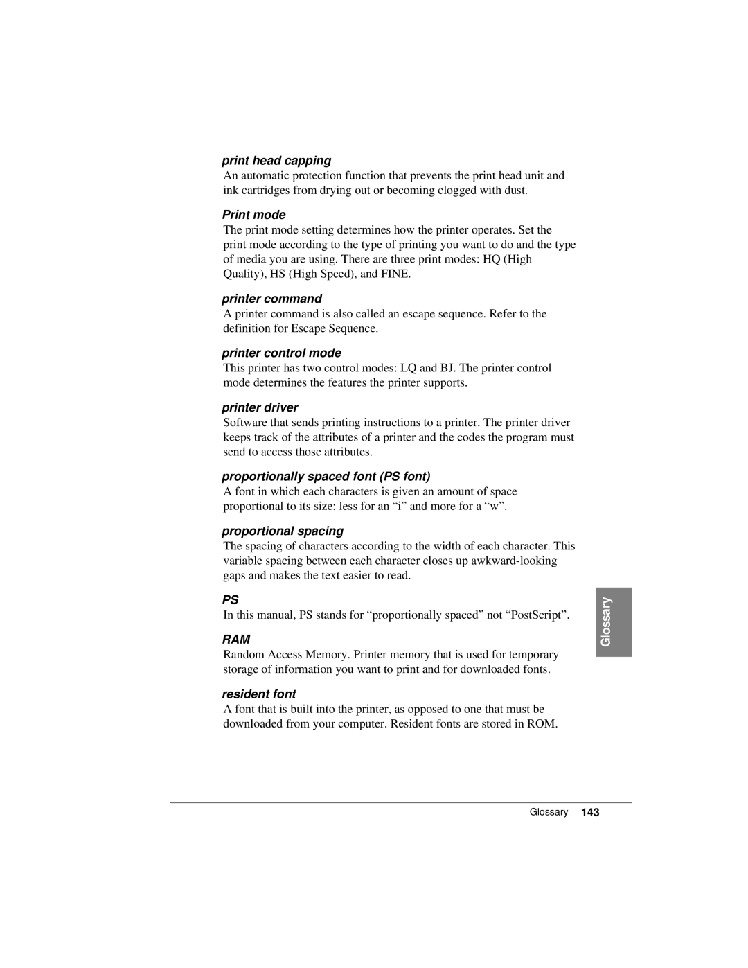 Canon K10158 Print head capping, Print mode, Printer command, Printer control mode, Printer driver, Proportional spacing 