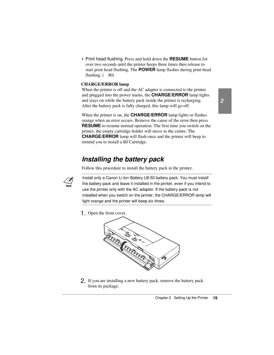 Canon K10158 manual Installing the battery pack, CHARGE/ERROR lamp 