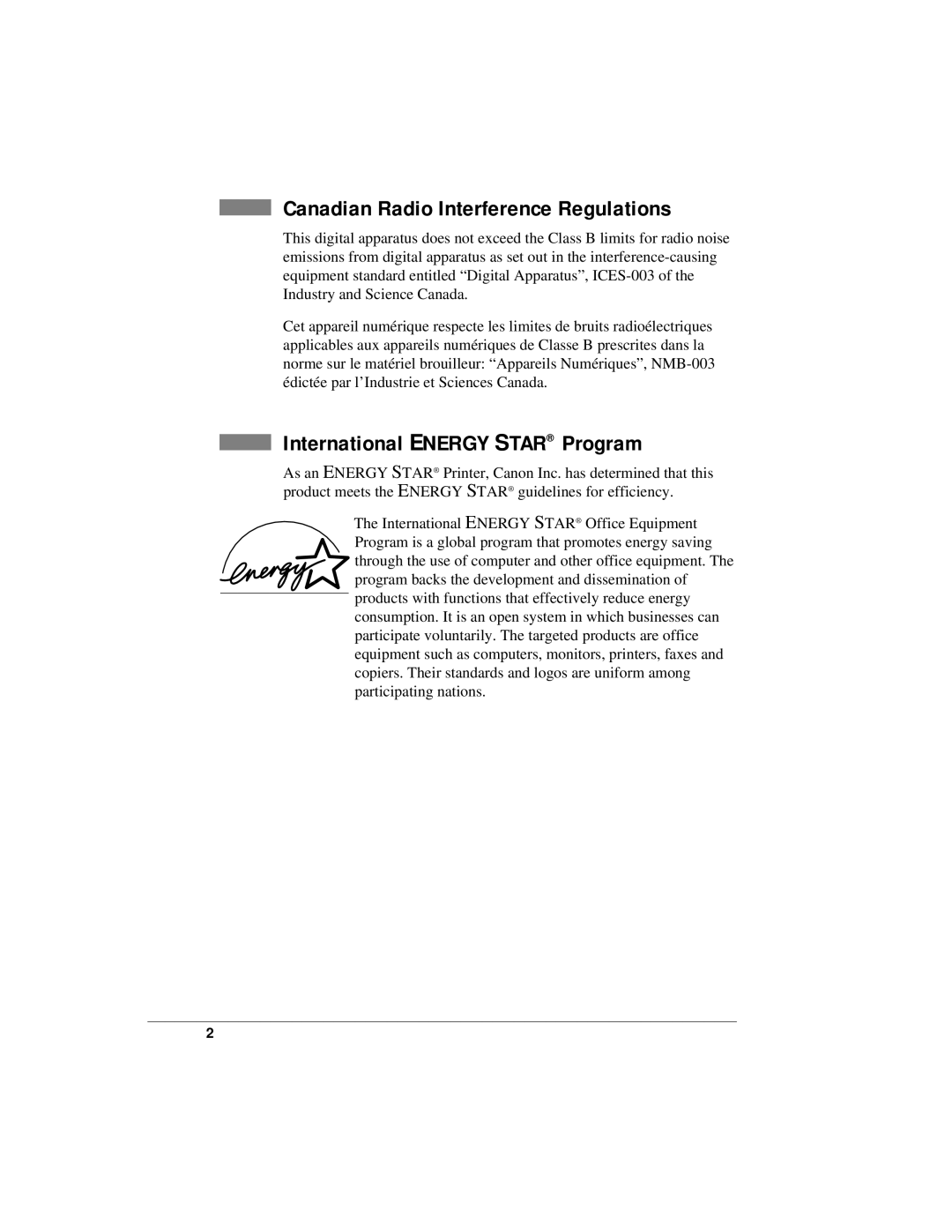 Canon K10158 manual Canadian Radio Interference Regulations, International Energy Star Program 