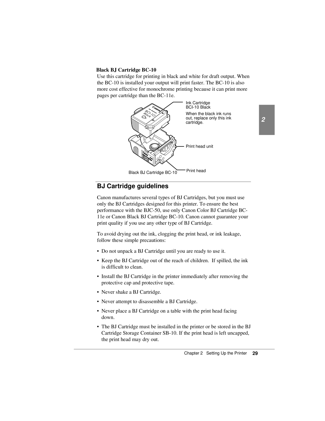 Canon K10158 manual BJ Cartridge guidelines, Black BJ Cartridge BC-10 