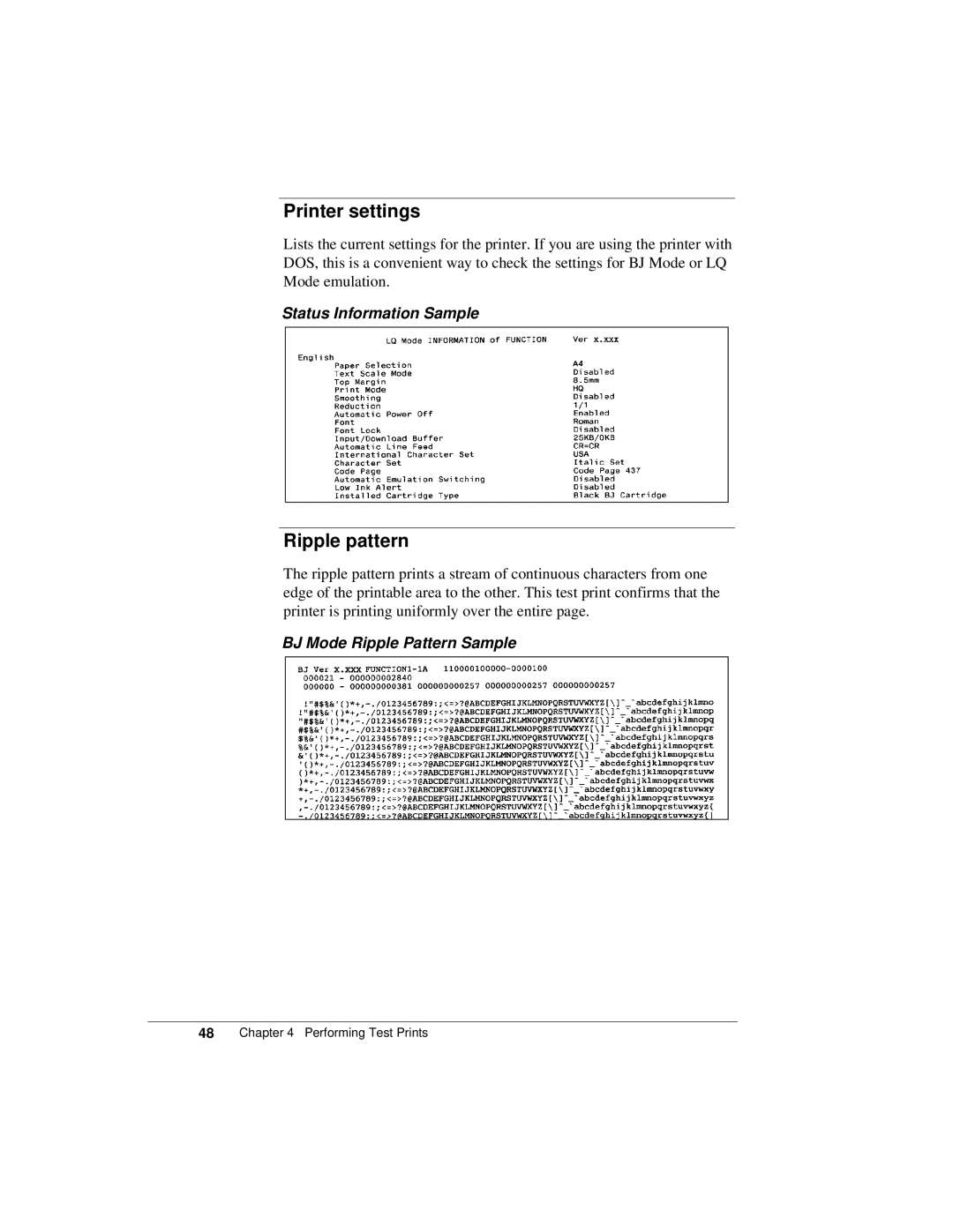 Canon K10158 manual Printer settings, Ripple pattern, Status Information Sample, BJ Mode Ripple Pattern Sample 