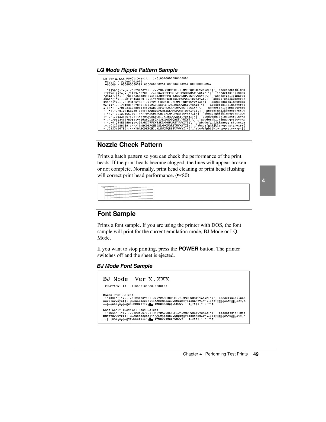 Canon K10158 manual Nozzle Check Pattern, LQ Mode Ripple Pattern Sample, BJ Mode Font Sample 