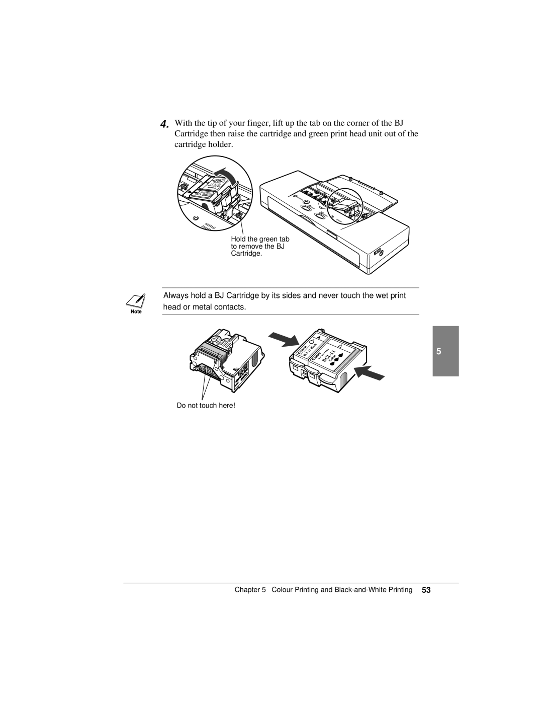 Canon K10158 manual Hold the green tab to remove the BJ Cartridge 