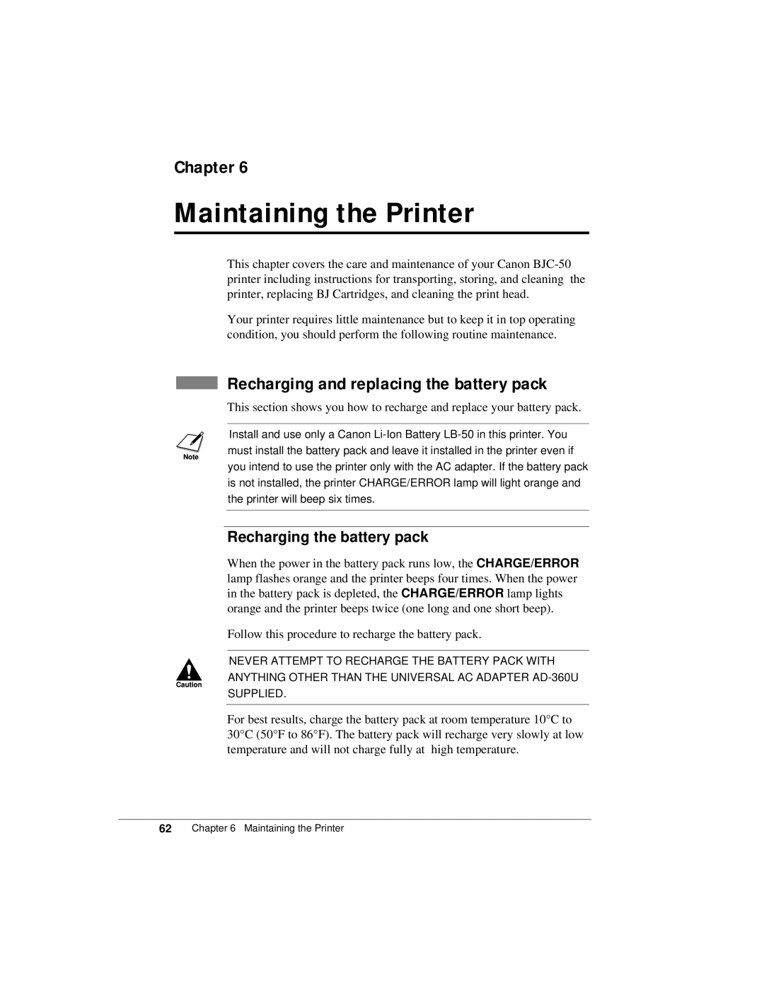 Canon K10158 manual Maintaining the Printer, Recharging and replacing the battery pack, Recharging the battery pack 