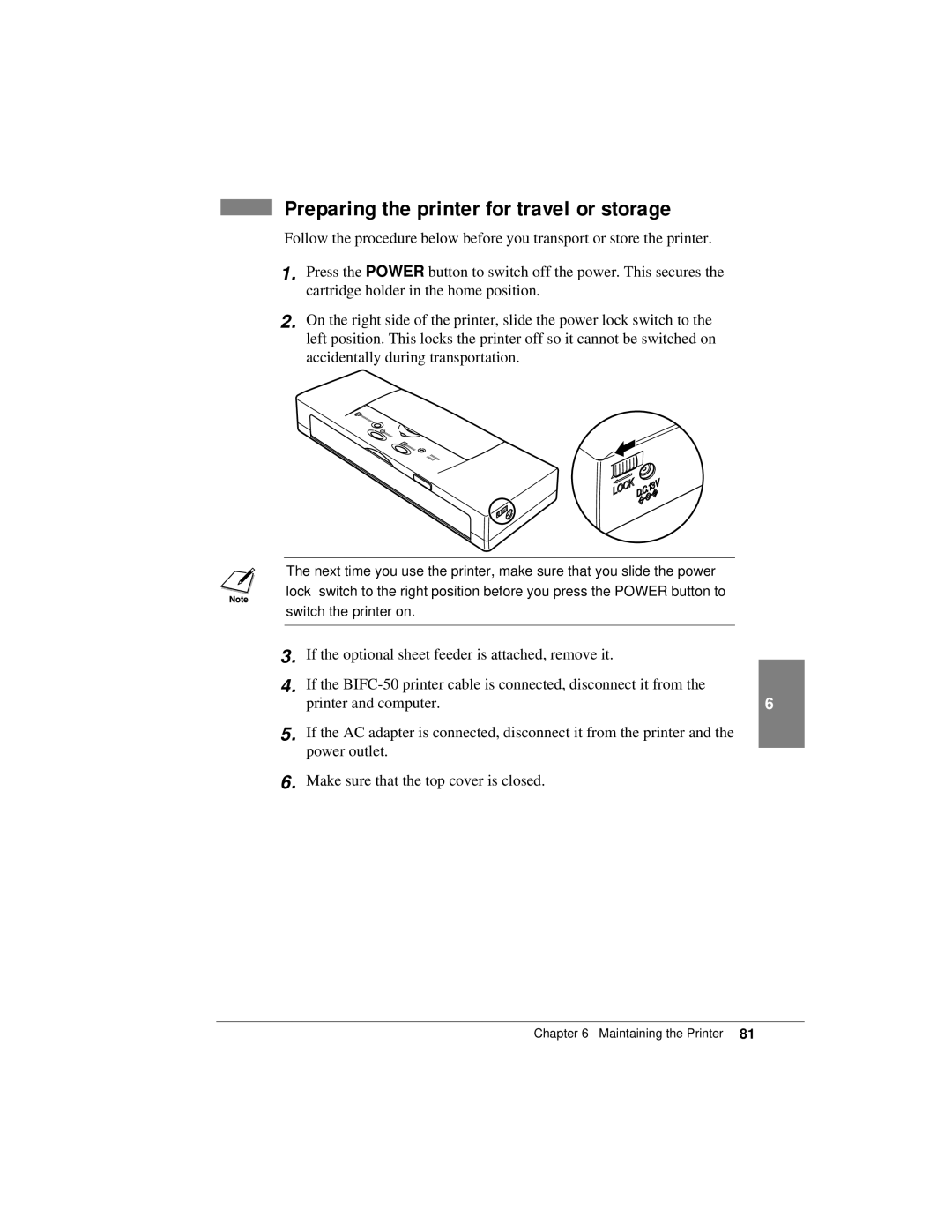 Canon K10158 manual Preparing the printer for travel or storage 