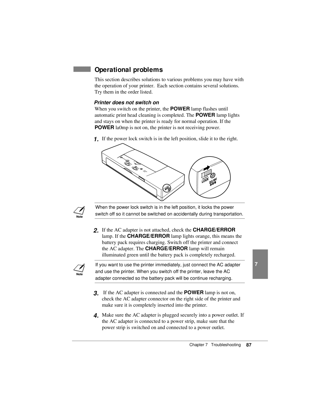 Canon K10158 manual Operational problems, Printer does not switch on 