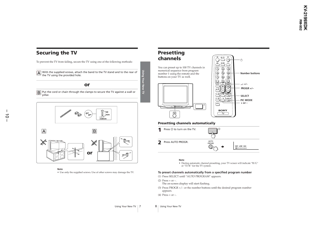 Canon KV-2199XDK service manual Securing the TV, Presetting channels automatically 