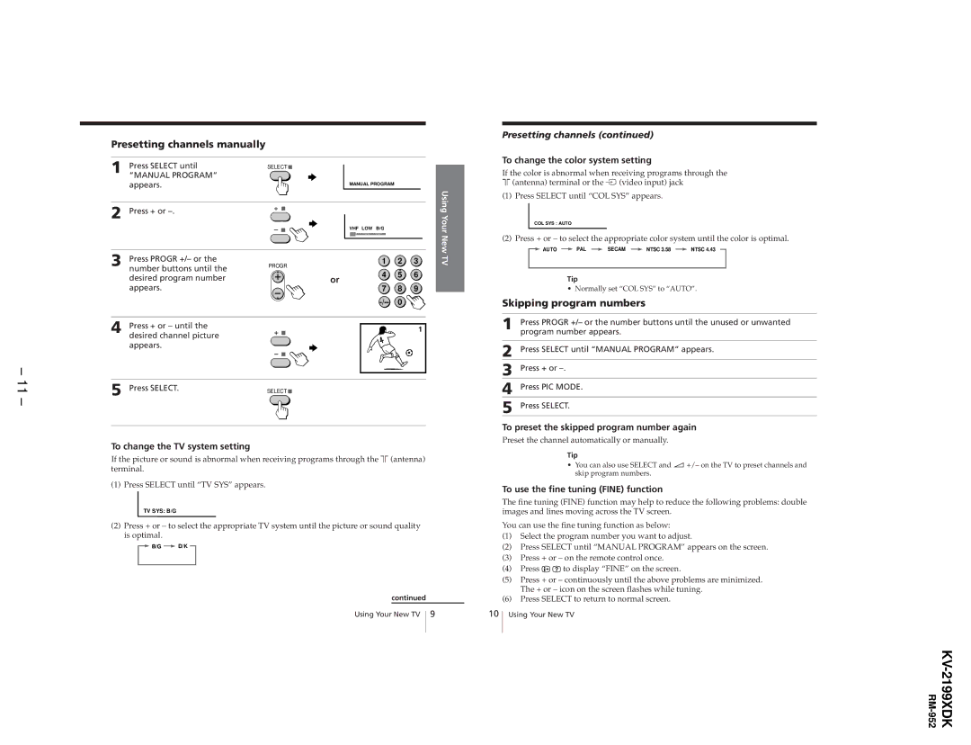 Canon KV-2199XDK service manual Presetting channels manually, Skipping program numbers 