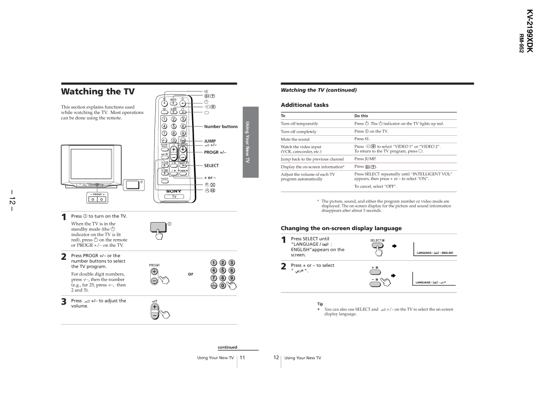 Canon KV-2199XDK service manual Watching the TV, Additional tasks, Changing the on-screen display language 