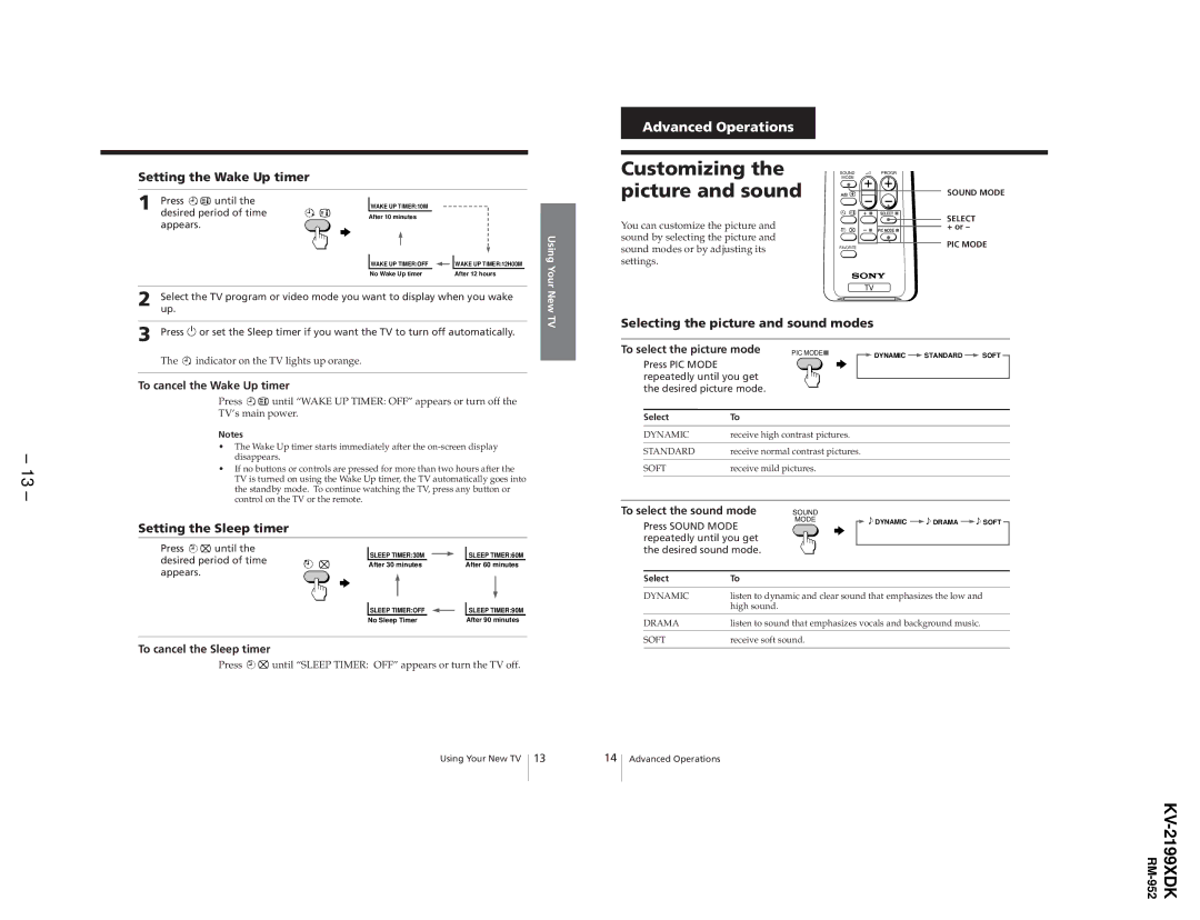 Canon KV-2199XDK service manual Customizing the picture and sound, Setting the Wake Up timer, Setting the Sleep timer 