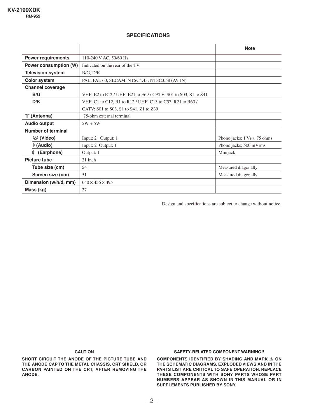 Canon KV-2199XDK service manual Specifications 