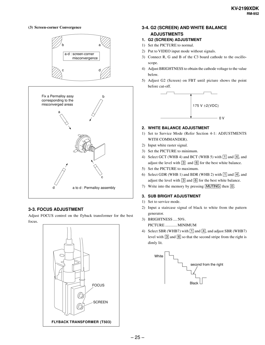 Canon KV-2199XDK service manual Focus Adjustment, G2 Screen and White Balance Adjustments 