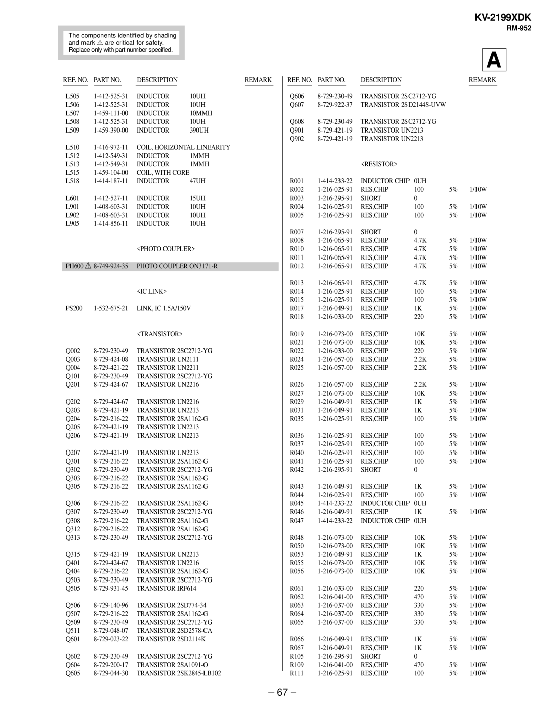 Canon KV-2199XDK service manual Inductor 10MMH 