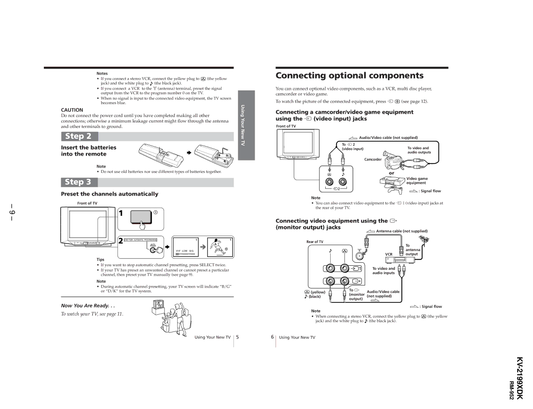 Canon KV-2199XDK Connecting optional components, Insert the batteries Into the remote, Preset the channels automatically 