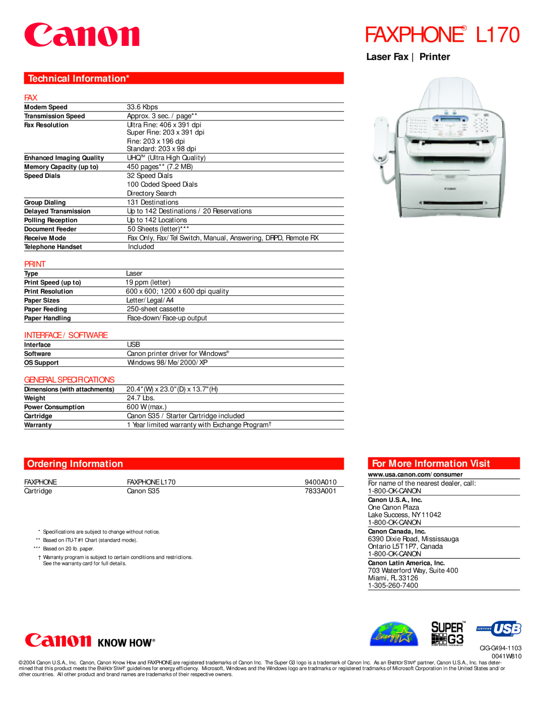 Canon L170 manual Laser Fax Printer, Technical Information, Ordering Information, For More Information Visit 