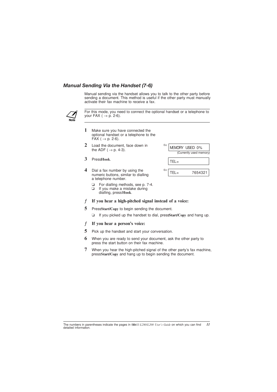 Canon L200 manual Manual Sending Via the Handset, If you hear a high-pitched signal instead of a voice 