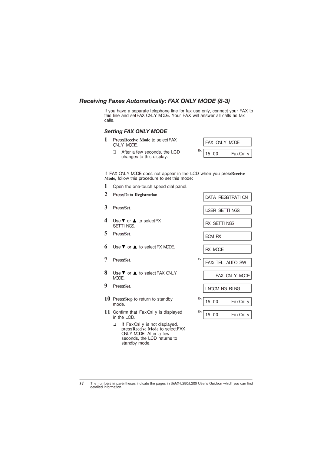 Canon L200 manual Receiving Faxes Automatically FAX only Mode, Setting FAX only Mode 