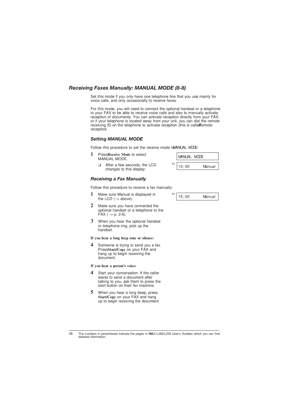 Canon L200 manual Receiving Faxes Manually Manual Mode, Setting Manual Mode, Receiving a Fax Manually 