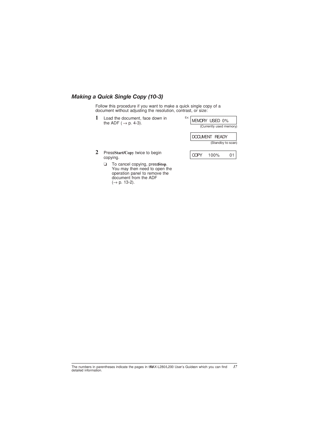 Canon L200 manual Making a Quick Single Copy, Copy 100% 