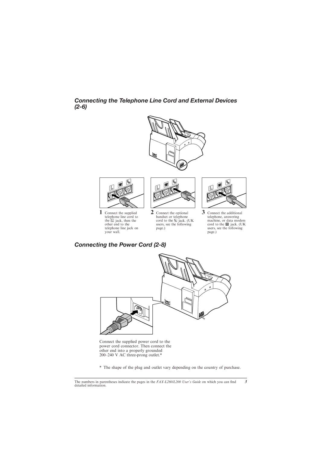 Canon L200 manual Connecting the Telephone Line Cord and External Devices, Connecting the Power Cord 