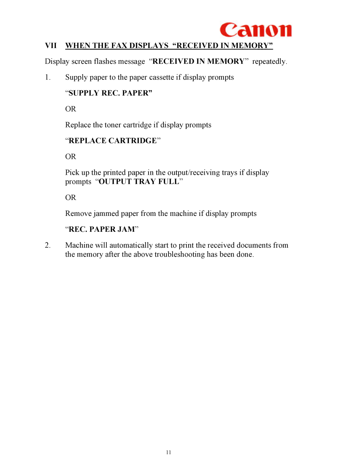 Canon L2000 manual VII When the FAX Displays Received in Memory, Supply REC. Paper or, Replace Cartridge or 