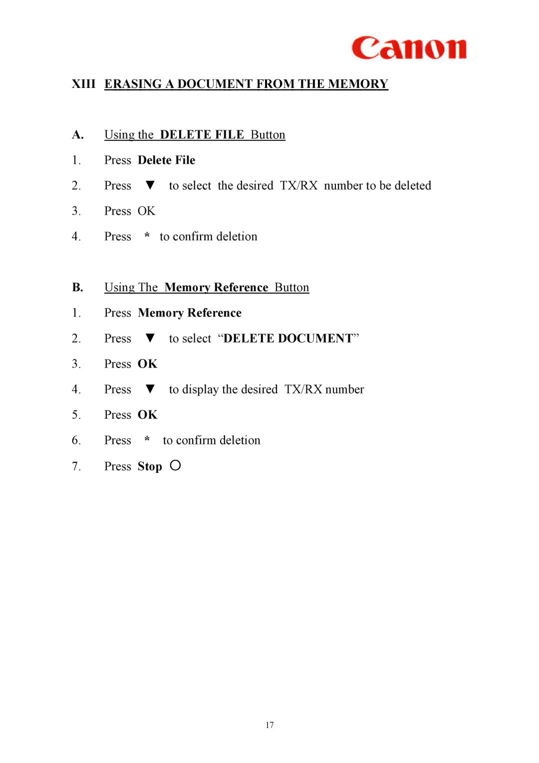 Canon L2000 manual Xiii Erasing a Document from the Memory, Press Delete File, Stop 