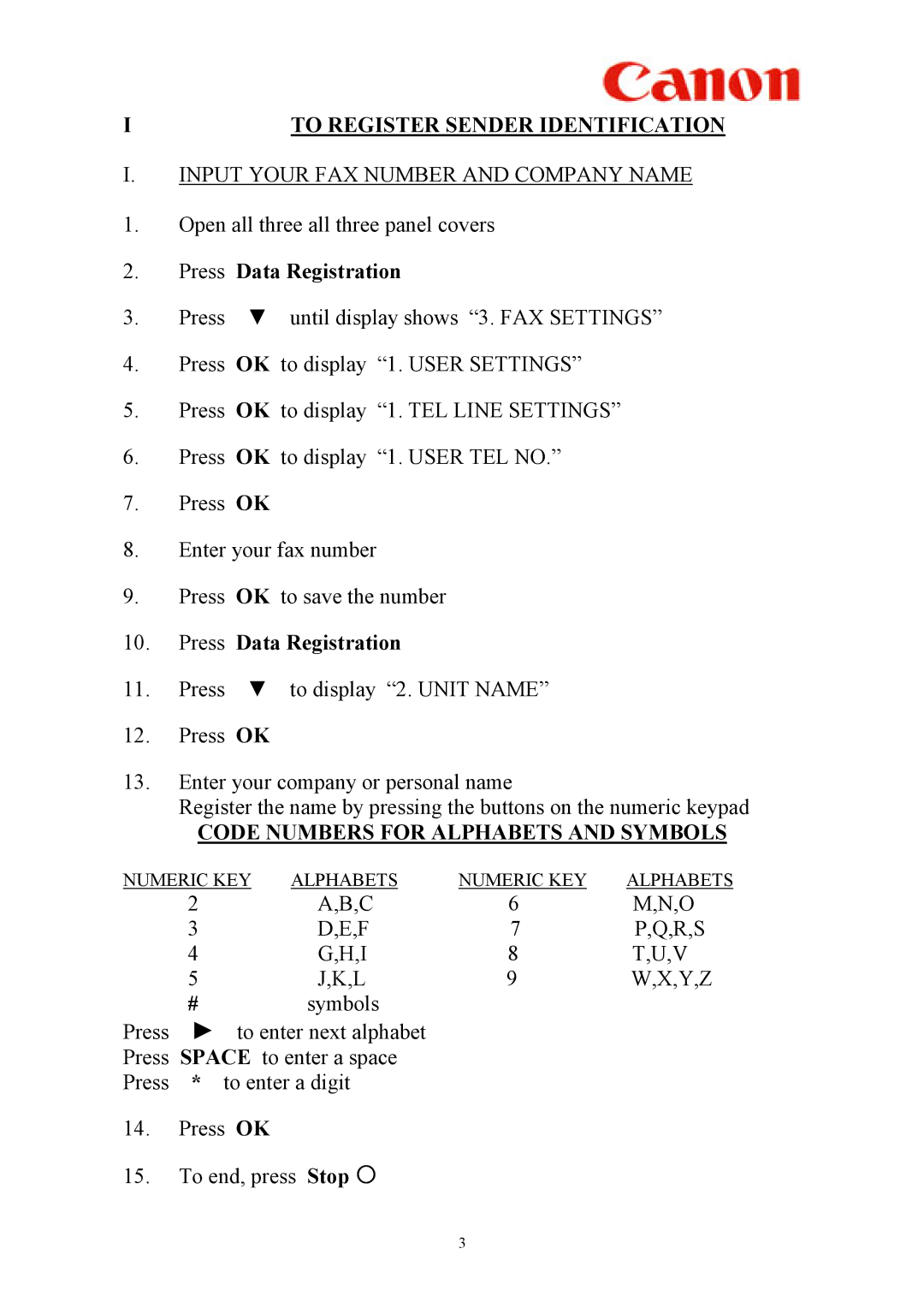 Canon L2000 manual Press Data Registration, Code Numbers for Alphabets and Symbols 