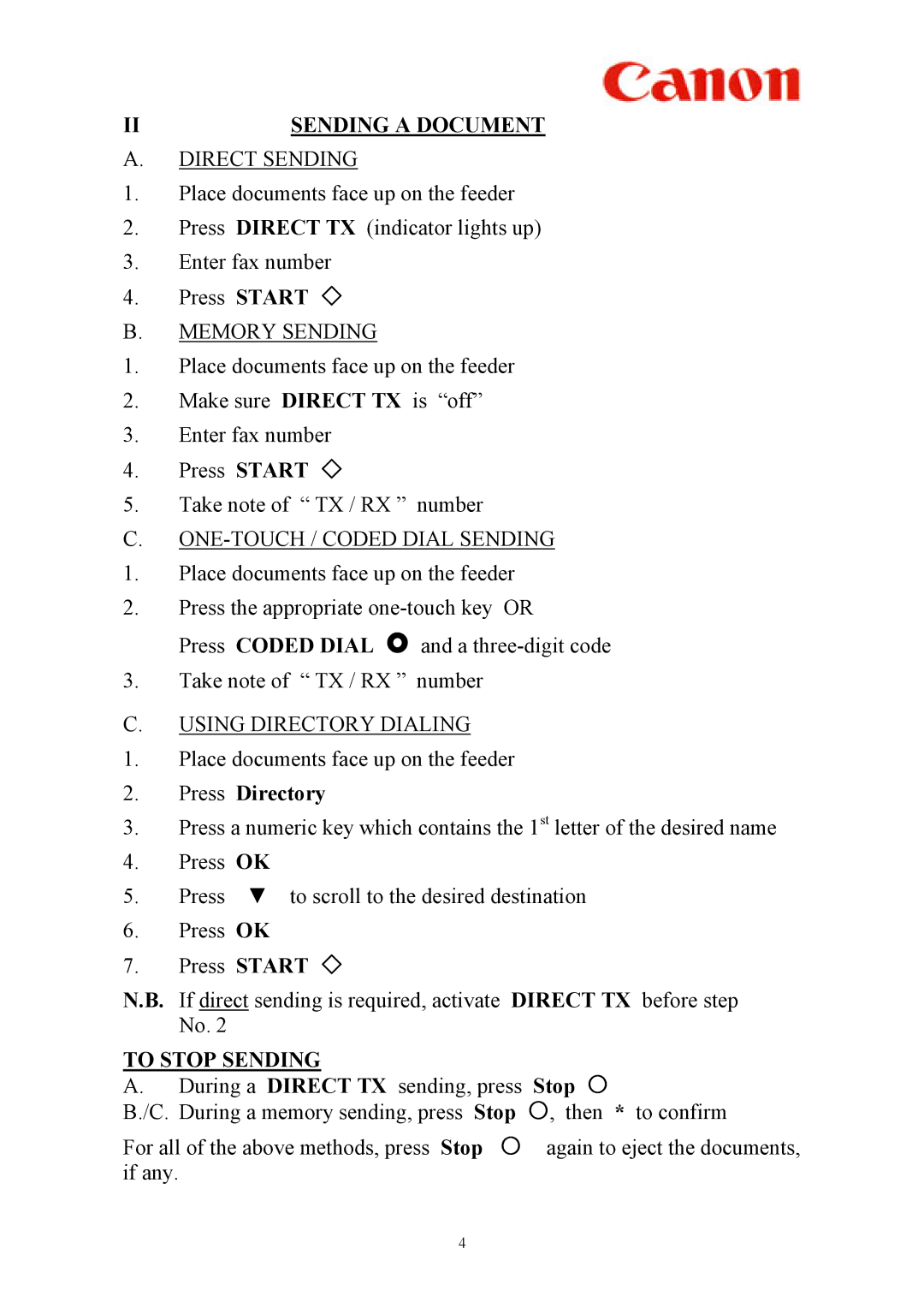 Canon L2000 manual Press Directory, To Stop Sending 