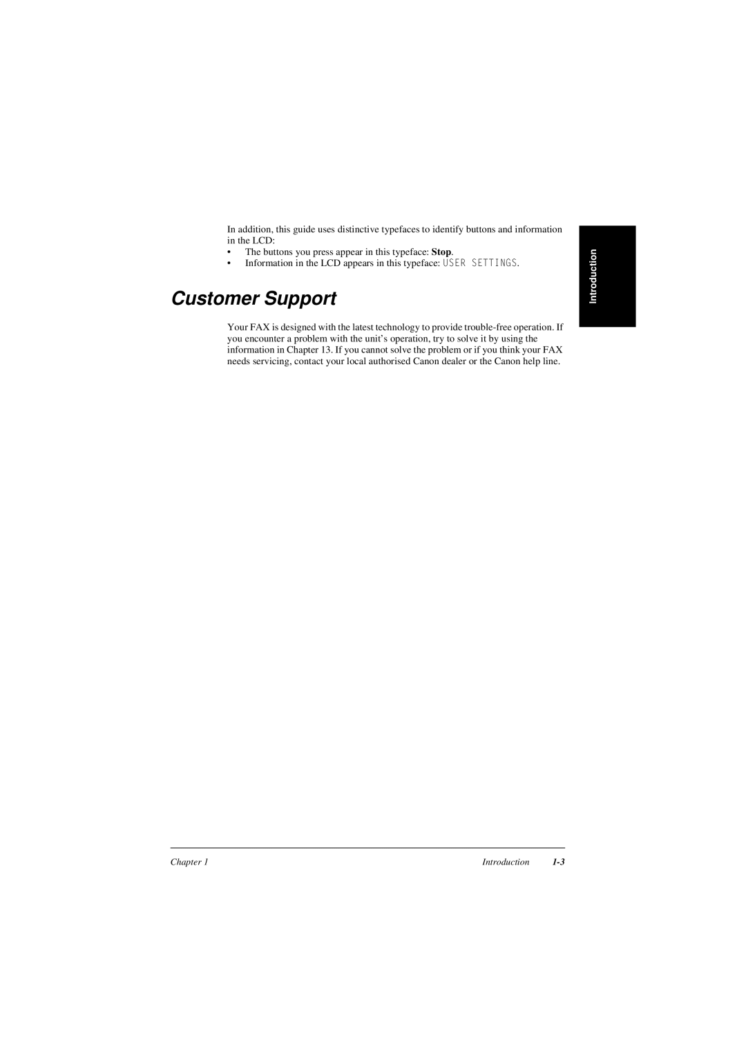 Canon L240, L290 manual Customer Support, The buttons you press appear in this typeface Stop, Introduction, Chapter 