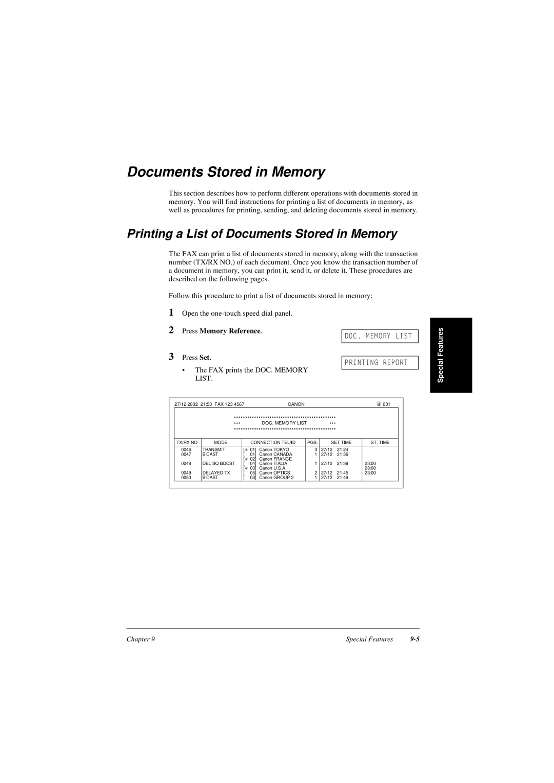 Canon L240, L290 manual Printing a List of Documents Stored in Memory, Press Memory Reference 