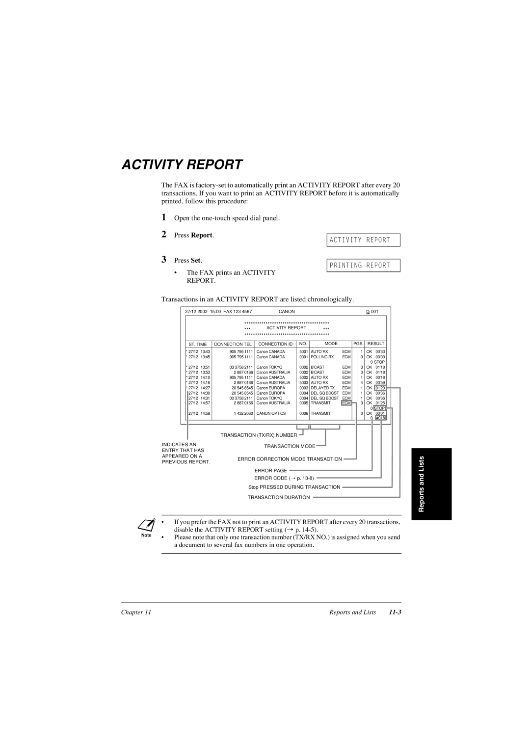 Canon L240, L290 manual Activity Report, Reports and Lists, Chapter, 11-3 