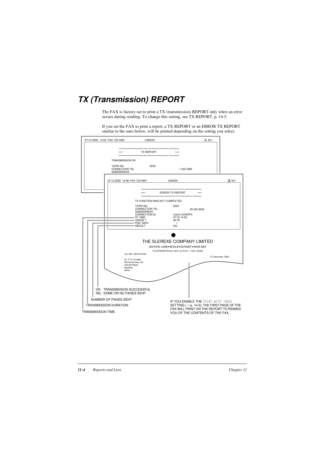Canon L290, L240 manual TX Transmission REPORT, The Slerexe Company Limited, 11-4, Reports and Lists 